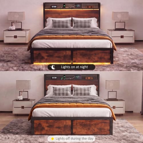 Queen Bed Frame with 2 Drawers, Platform Bed with LED Lights & Charging Station, view 8