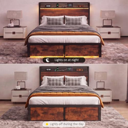 Queen Bed Frame with 2 Drawers, Platform Bed with LED Lights & Charging Station, view 8