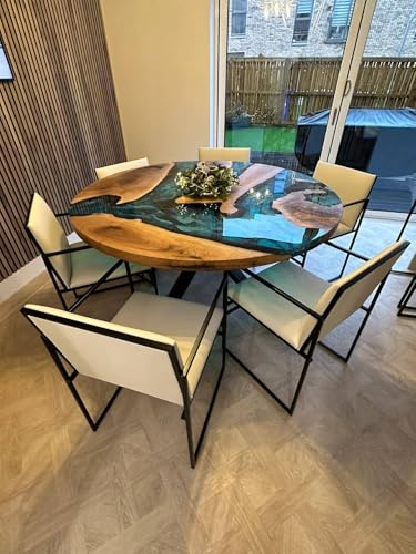 RESINHOMEFURNITURE Luxury Blue Ocean Resin Wood Table – Round Epoxy Dining, Coffee, or Conference Table with Nature-Inspired River Design for Elegant Home Decor (18 Inches Tall, 18 x 18 Inches)