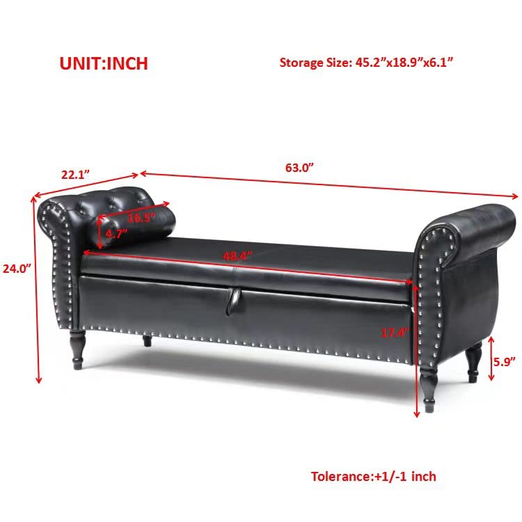 Storage Bench for Bedroom, PU Upholstered Bed Ottoman with Rolled Armed Button Tufted Design, Long Bench for Bed Window Living Room, Black