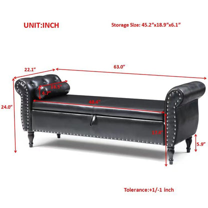 Storage Bench for Bedroom, PU Upholstered Bed Ottoman with Rolled Armed Button Tufted Design, Long Bench for Bed Window Living Room, Black