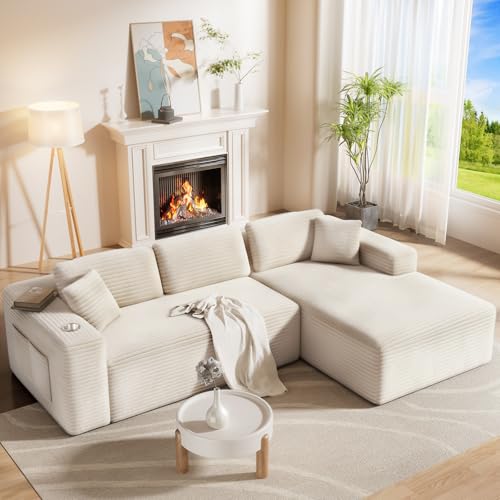 108" L-Shaped Boneless Sectional Couch, No Assembly Deep Seat, Beige | Cloud Sofa, 4-Seater Sofa, Storage Pockets, Plush Corduroy, Right-Facing Chaise