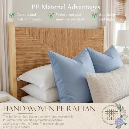 Solid Wood Rattan King Bed Frame with Tall Headboard and Footboard, view 5