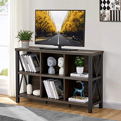 Rustic 6 Cube Storage Organizer with Shelf, Wood and Metal Cubby Bookcase, Industrial Horizontal Bookshelf for Living Room, Home Office (Walnut Brown, 47 Inch)