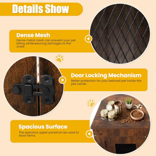 Wooden Dog Crate Furniture End Table with Metal Mesh, Rustic Brown, view 6