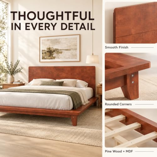 Queen Size Japanese Wooden Bed Frame with Brown Headboard, view 6