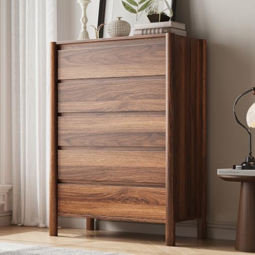 45" Tall Walnut 5 Drawer Dresser for Bedroom with Solid Wood Legs, view 2
