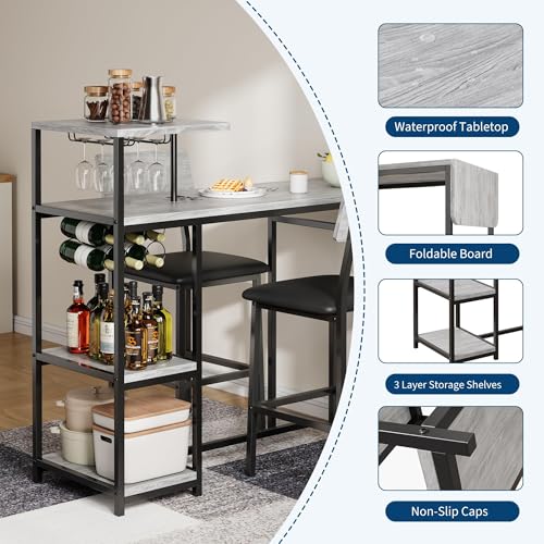 Dining Table Set for 2, 3-Piece Expandable Bar Table and Chairs Set, with Storage Shelves and Wine Rack, Small Kitchen Dining Set for Living Room, Apartment