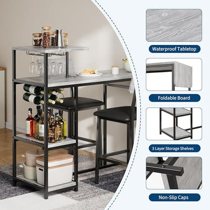 Dining Table Set for 2, 3-Piece Expandable Bar Table and Chairs Set, with Storage Shelves and Wine Rack, Small Kitchen Dining Set for Living Room, Apartment