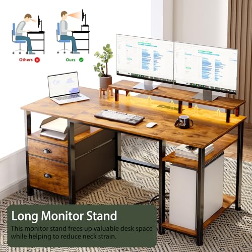 51" Computer Desk with Power Outlet and LED Lights, Reversible Home Office Desk with File Cabinet & Monitor Stand, Large Gaming Table with Storage Shelves & Drawer, Rustic Brown