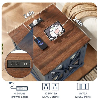 Farmhouse End Table with Charging Station, 24" Large Sofa Side Table with Glass Barn Door, Blue Nightstand with Adjustable Storage Shelf,Wood Square Bedside Table for Living Room,Bedroom