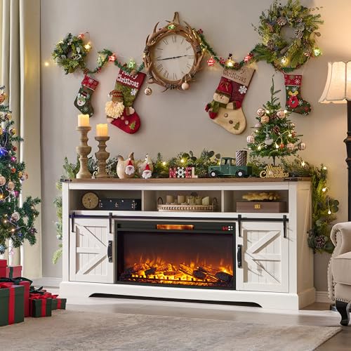 70" Farmhouse TV Stand with 36" Electirc Fireplace, Antique White, view 4