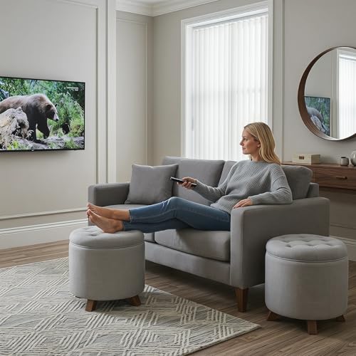 Round Storage Ottoman,Gray | Foot Stool Ottomans with Lids for Living Room,Bedroom,Entryway