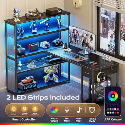 57 Inch L Shaped Gaming Computer Desk with Larger Open Cabinet, Reverisble Office Desk with Power Outlets, LED Lights, Work Desk, Fabric Drawer, Adjustable Wood and Mesh Shelf, Black