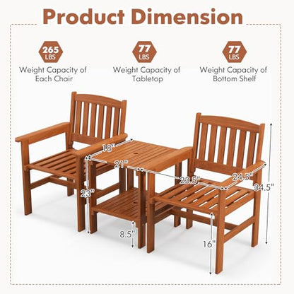 3 Piece Patio Conversation Set, Outdoor Wood Conversation Seat with Table and Umbrella Hole, Outdoor Furniture Set of 3 for Garden Poolside Backyard Balcony Porch