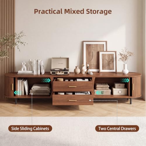94.5" TV Stand with Storage Cabinets Drawers, Walnut Entertainment Center, view 5