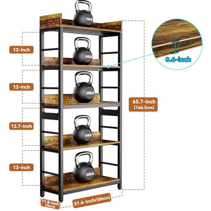 Bookshelf, 66" H 5-Tiers Heavy Duty Industrial Shelving Wood & Metal Bookcase, Rustic and Black Tall Shelf Units for Home, Office, Living Room