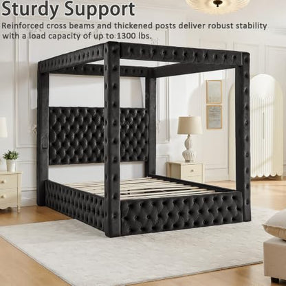Queen Size Canopy Bed Frame with Velvet Headboard, Charging Port, view 5