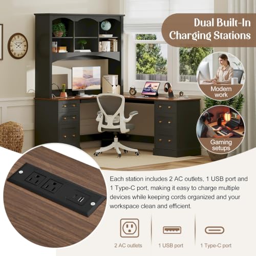68.9" L Farmhouse L-Shaped Computer Desk Corner Desk with Hutch, view 8