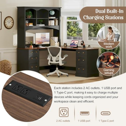 68.9" L Farmhouse L-Shaped Computer Desk Corner Desk with Hutch, view 8