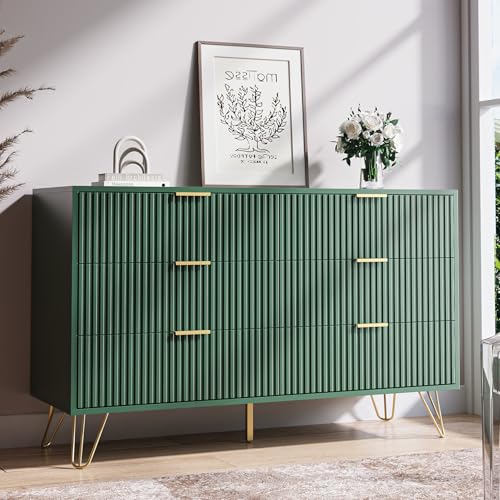 Green 6 Drawer Dresser for Bedroom, Fluted Dresser with Gold metal Handles, view 5