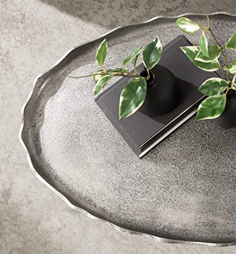 Alessia Modern Glam Oval Coffee Table; 34 x 20 x 15; Silver; Metal Living Room Table for Storage and Display with Antique Deckled Edge Detailing