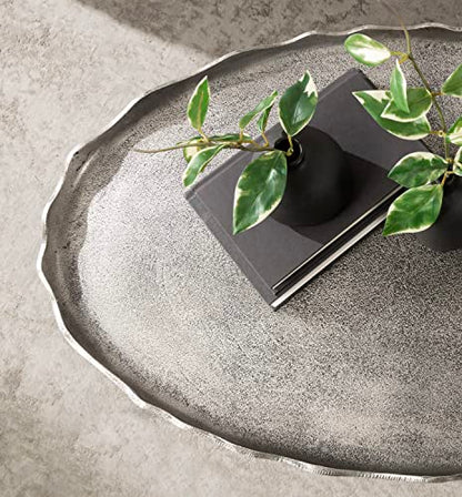 Alessia Modern Glam Oval Coffee Table; 34 x 20 x 15; Silver; Metal Living Room Table for Storage and Display with Antique Deckled Edge Detailing