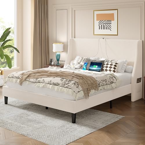 Queen Bed Frame with Upholstered Wingback Headboard, view 7