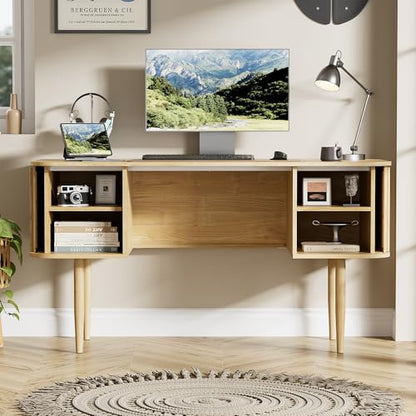 55" Modern Writing Desk with Sliding Doors, Wood Home Office Desk with Storage, Computer Desk for Study, Living Room, Dorm, Natural
