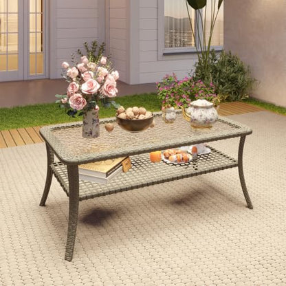 Outdoor Coffee Table with Storage Wicker Patio Coffee Table, All-Weather Tempered Glass Top Coffee Table for Patio Furniture Set for Balcony, Garden, Deck, Backyard, Black