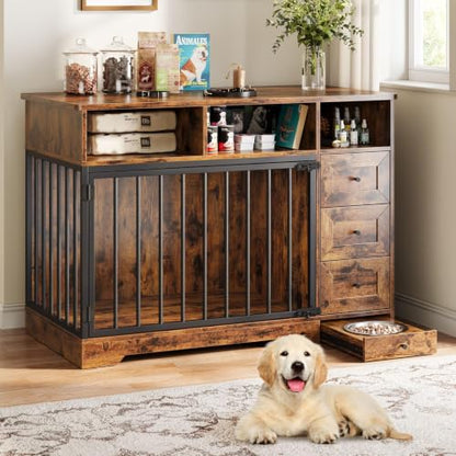 48'' Dog Crate Furniture with Bowl, Medium Dog Cage, Retro Brown, view 2