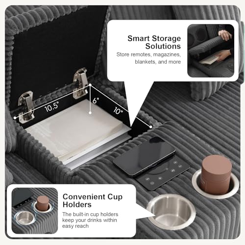 114" Corduroy Modular Sectional Couch with Built-in Speakers & USB Ports, Deep Seat L Shaped Couch with Storage Console, Cup Holders, Movable Ottoman, Cloud Comfy Gaming Sofa for Living Room (Gray)