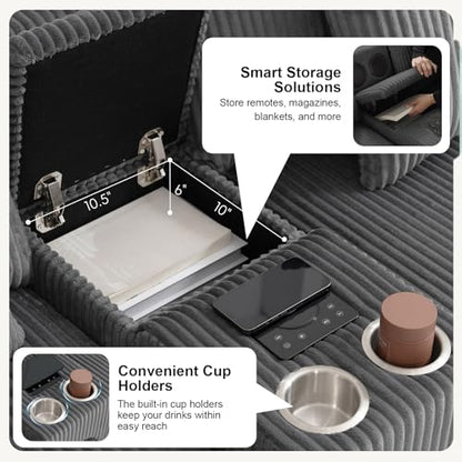 114" Corduroy Modular Sectional Couch with Built-in Speakers & USB Ports, Deep Seat L Shaped Couch with Storage Console, Cup Holders, Movable Ottoman, Cloud Comfy Gaming Sofa for Living Room (Gray)