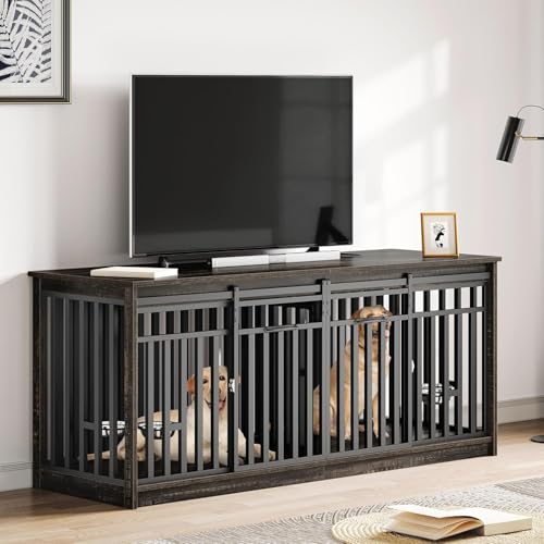 71" Double Dog Crate Furniture for 2 Dogs with 4 Bowls, view 2