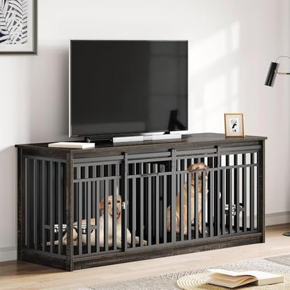 71" Double Dog Crate Furniture for 2 Dogs with 4 Bowls, view 2