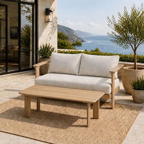 Kera Acacia Wood Outdoor Loveseat and Coffee Table Set, 2 Piece Patio Furniture Set with Water-Repellent Cushion, Solid Wood Outdoor Conversation Set, Beige+Brown