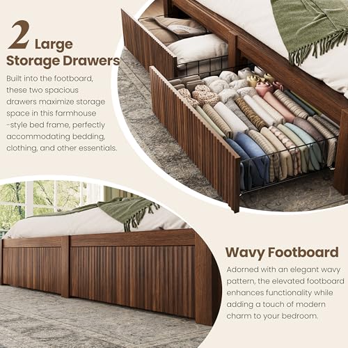 King Size Bed Frame and Headboard& 2 Storage Drawers, Walnut, view 6