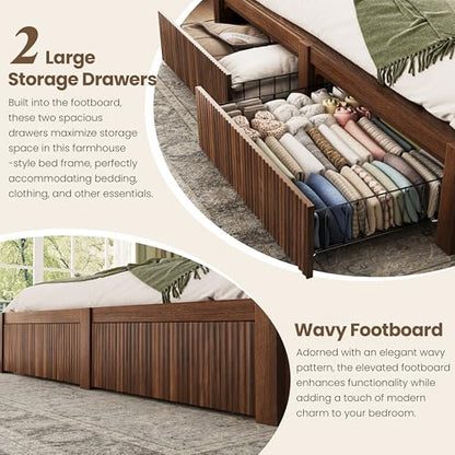 King Size Bed Frame and Headboard& 2 Storage Drawers, Walnut, view 6