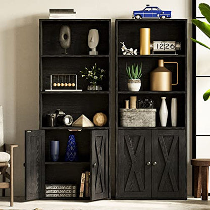 5-Tier Bookshelf, 11.8in Depth Bookcase with Doors Industrial Bookshelf with Storage,Floor Standing Display Storage Shelves for Home Office, Living Room, Industrial Black