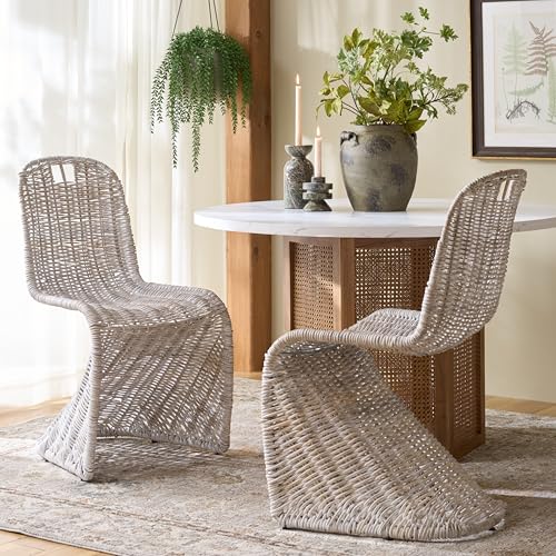 SAFAVIEH Furniture - Cilombo Dining Chair Set of 2 - White Washed Rattan - Sculptural Woven Design - Fully Assembled - Ideal for Dining Room, Kitchen (SEA7007B-SET2)