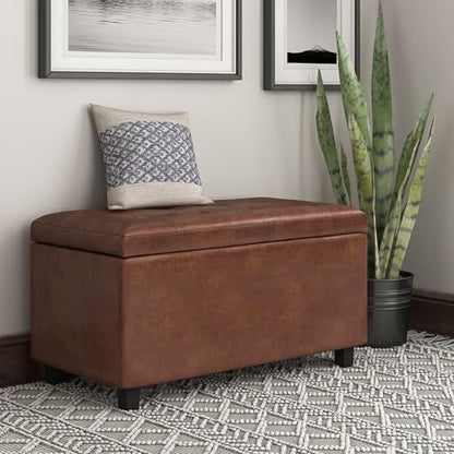 Cosmopolitan Storage Ottoman - 34 inch Wide Upholstered Vegan Leather Rectangle Storage Ottoman Bench in Distressed Saddle Brown, Transitional Tufted Ottoman for Entryway with Lift-Up Lid