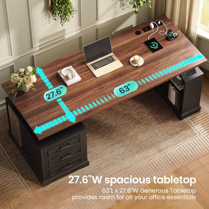 63" Farmhouse Electric Standing Desk with 3 Drawers, Storage Shelves, view 5