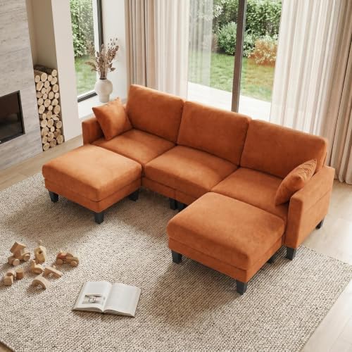 100" W U Shaped Couch with Ottoman, 22" Deep Seat Comfortable Sectional Couches for Living Room, 3 Seater Chenille Fabric Cloud Sofa for Apartment, Small Spaces, Bedroom, Orange