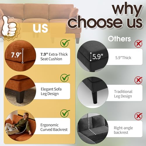 100" W U Shaped Couch with Ottoman, 22" Deep Seat Comfortable Sectional Couches for Living Room, 3 Seater Chenille Fabric Cloud Sofa for Apartment, Small Spaces, Bedroom, Orange