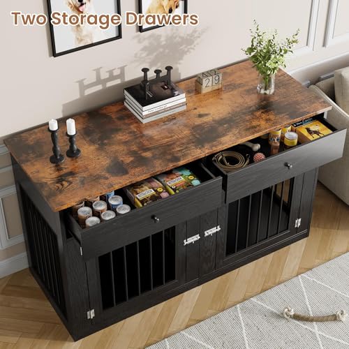 60" Dog Crate Furniture for 2 Dogs, Dog Kennel Furniture, Black, view 5