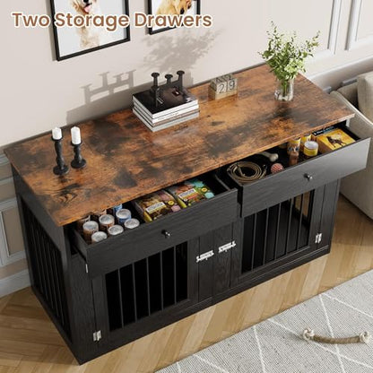 60" Dog Crate Furniture for 2 Dogs, Dog Kennel Furniture, Black, view 5