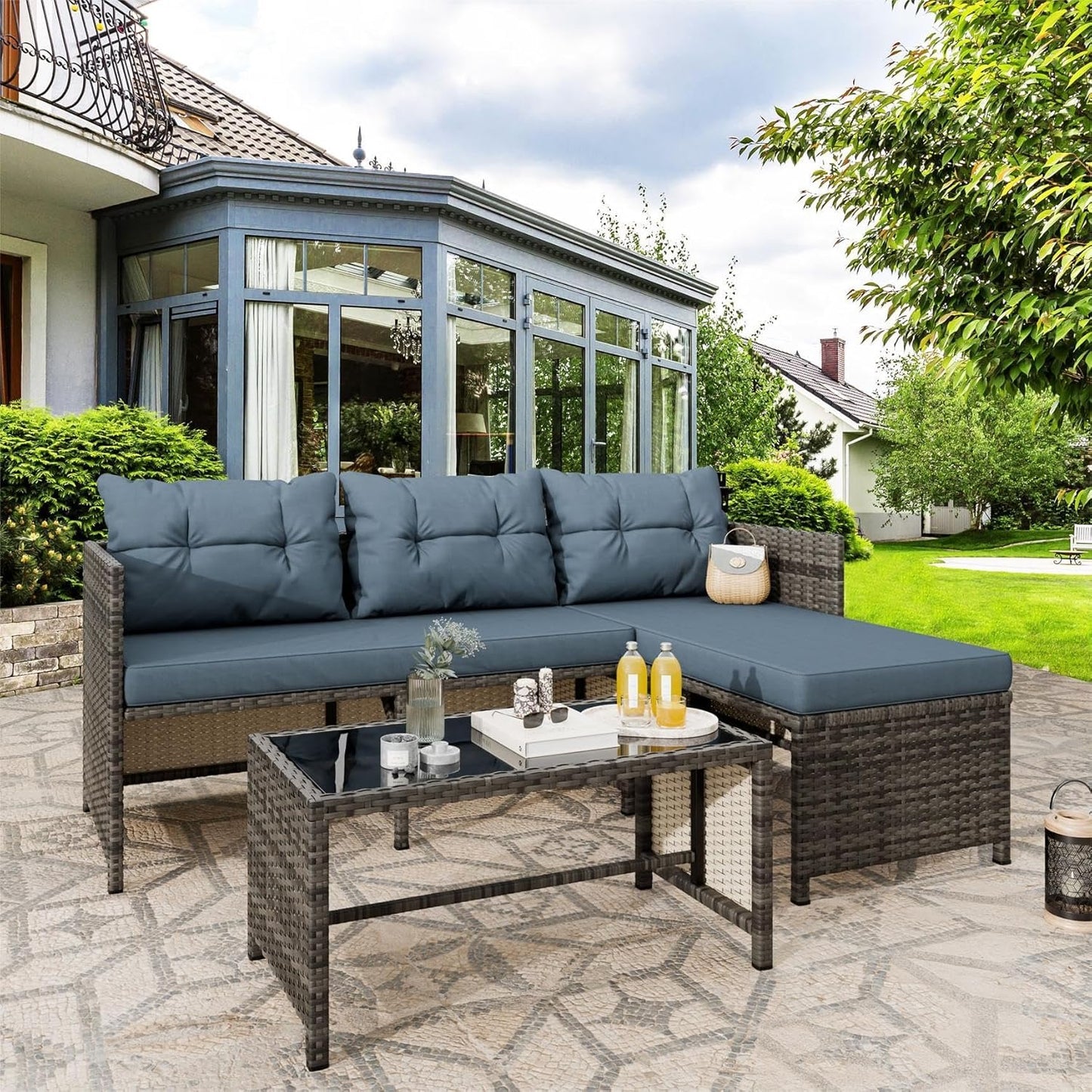 3 Pieces Patio Furniture Sets, All-Weather Wicker Outdoor Sofa Couch Sectional Set, Small Conversation Set for Patio, Garden W/Cushion, Glass Table, (Blue)