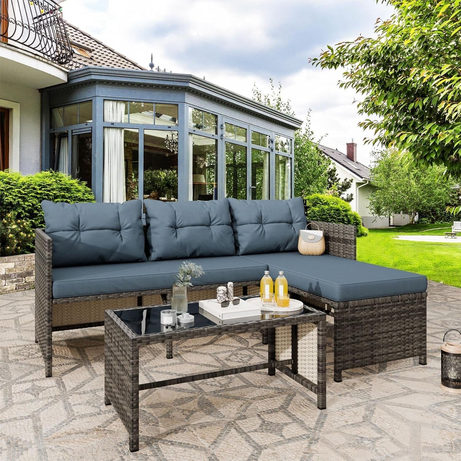 3 Pieces Patio Furniture Sets, All-Weather Wicker Outdoor Sofa Couch Sectional Set, Small Conversation Set for Patio, Garden W/Cushion, Glass Table, (Blue)