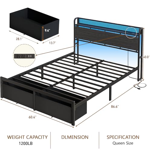Queen Bed Frame with Storage Headboard, Charging Station, 2 Drawers, view 3