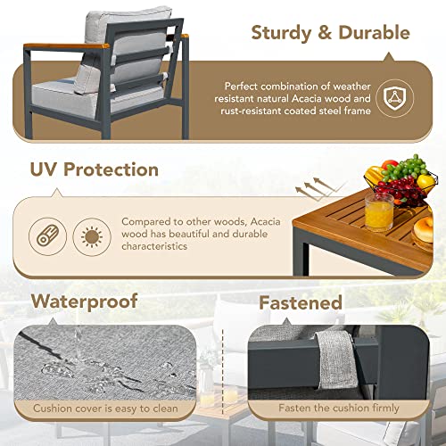 4 Pieces Patio Furniture Sets Outdoor Conversation Set Acacia Wood Sofa Set with Coffee Table Thicker Sponge Cushion